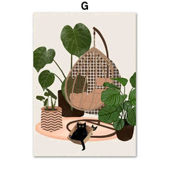 Black Cat & Green Plants Canvas – Abstract Boho Aesthetic Wall Art - Muselune