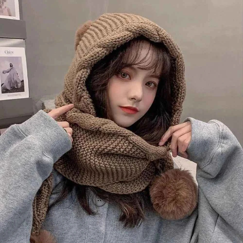Cute Hooded Hat Ear Protection Thickened Knitted Hat /Scarf