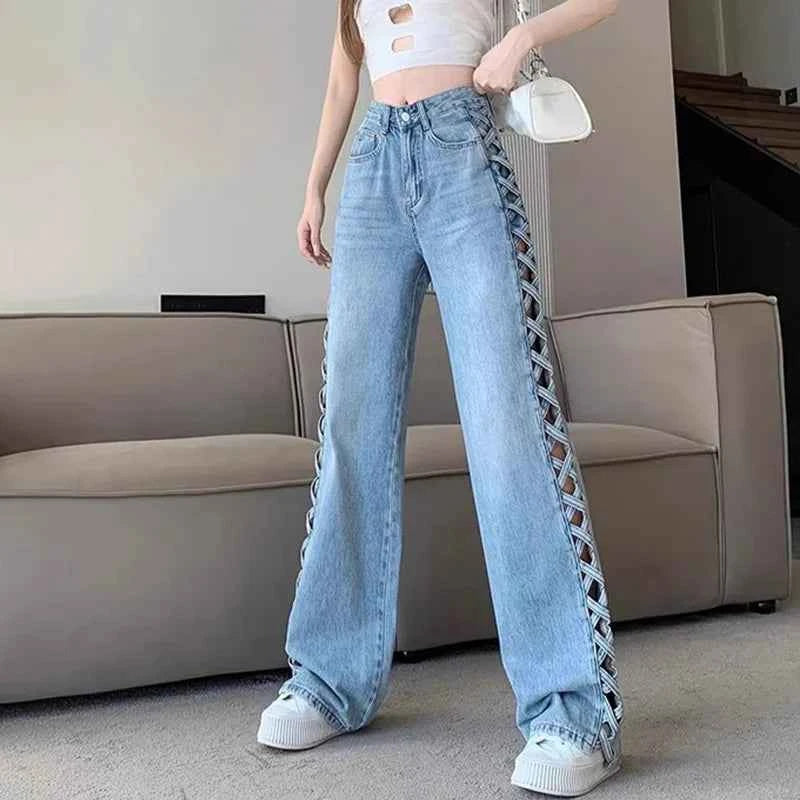 Hollow-Out Mom Jeans – High Waist & Wide-Leg pants - Muselune