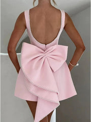 Elegant Pearl Bow Backless Mini short Dress - Muselune