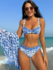 Peach-Tan Blue Push Up Bikini Swimwear Set Muselune