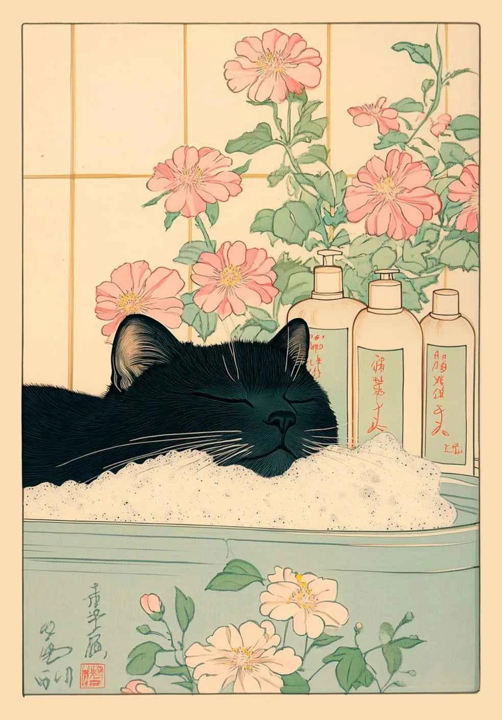Japanese Tabby Cat Poster – Retro Art for Japandi Decor - Muselune
