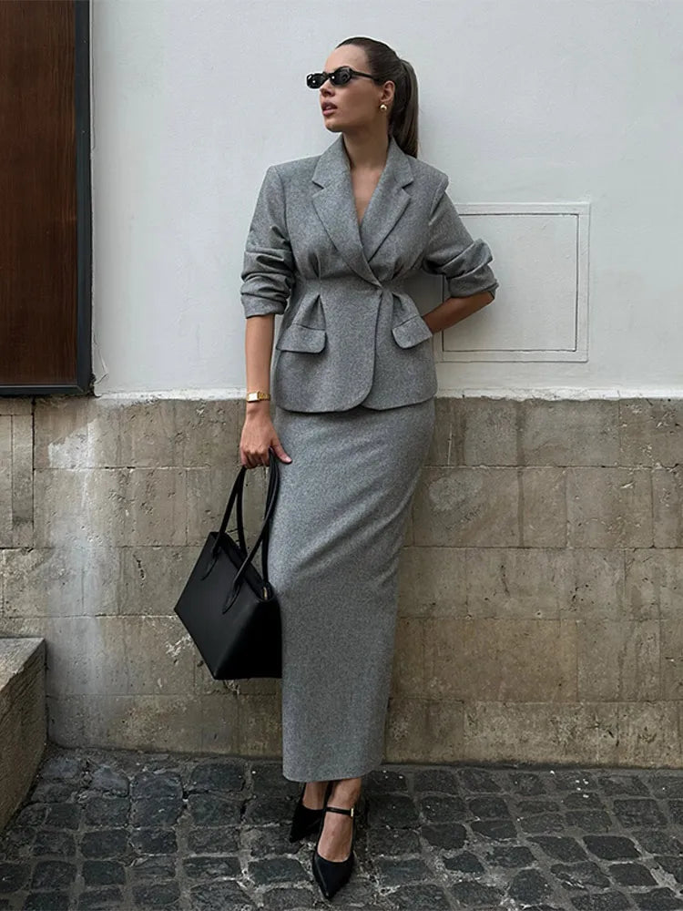 Elegant Ruffle Breasted Long Sleeve Coat & Skirt Suit - Muselune