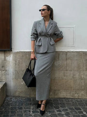 Elegant Ruffle Breasted Long Sleeve Coat & Skirt Suit - Muselune