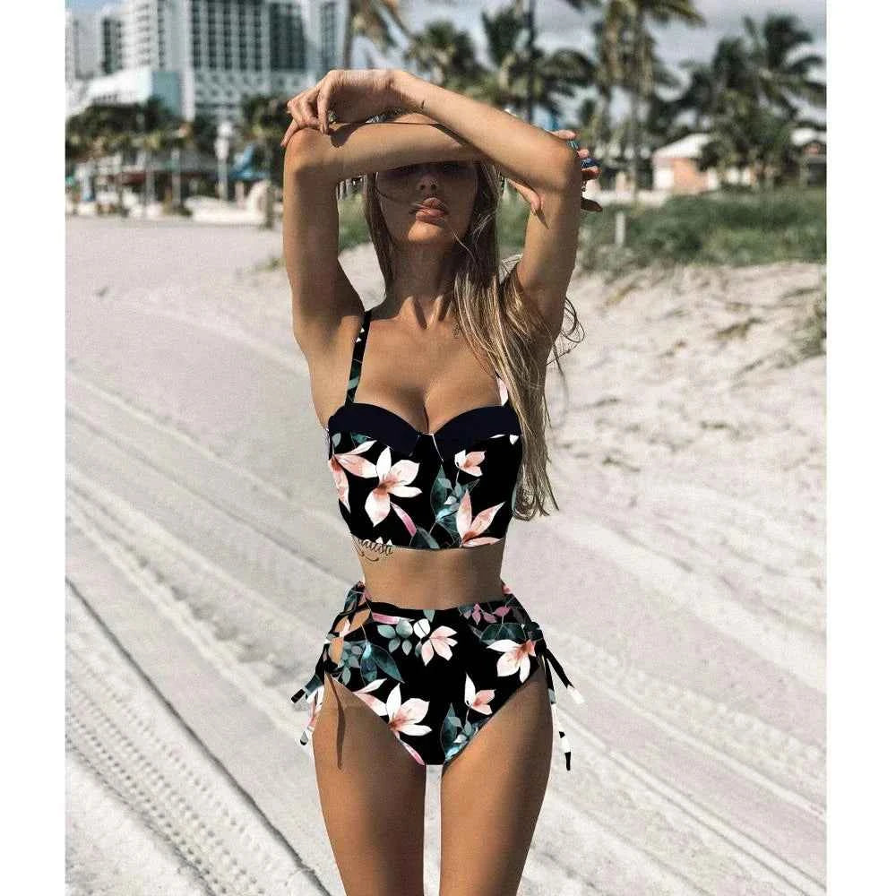 Floral Bandage Bikini – High Waist Push-Up Two-Piece - Muselune