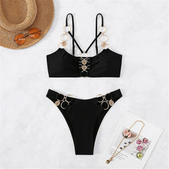 Sexy Metal Ring Bikini Set – Mid Waist Two-Piece Swimwear - Muselune