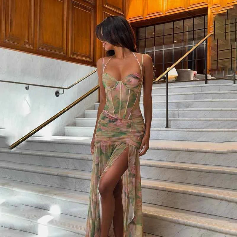Candyhot Floral Bodycon Dress – High Waist Spaghetti Strap - Muselune