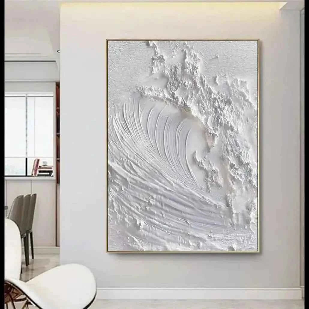 White Minimalist Ocean Wave Canvas – Textured Wabi-Sabi Wall Art - Muselune