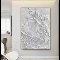 White Minimalist Ocean Wave Canvas – Textured Wabi-Sabi Wall Art - Muselune
