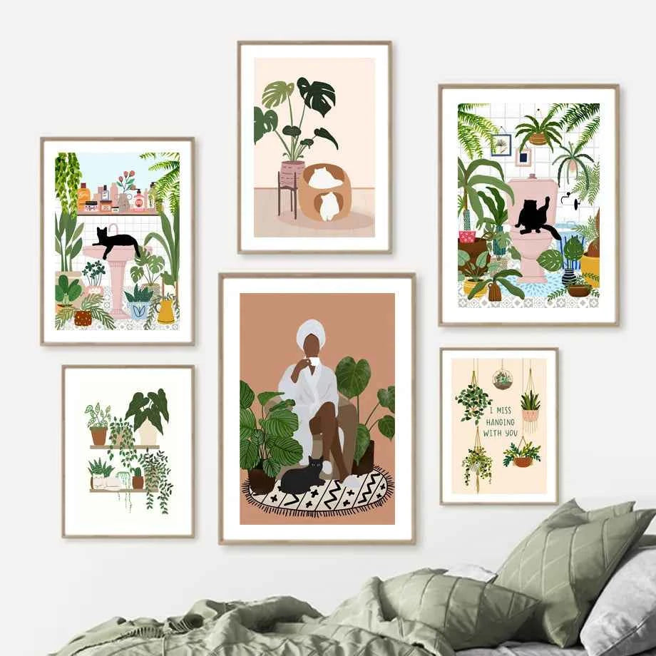 Black Cat & Green Plants Canvas – Abstract Boho Aesthetic Wall Art - Muselune