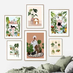 Black Cat & Green Plants Canvas – Abstract Boho Aesthetic Wall Art - Muselune