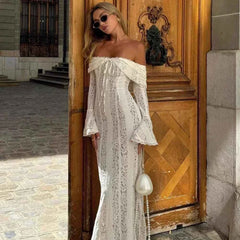 Suninheart Off-Shoulder Lace Maxi Dress – Elegant Flare Sleeve Bodycon - Muselune