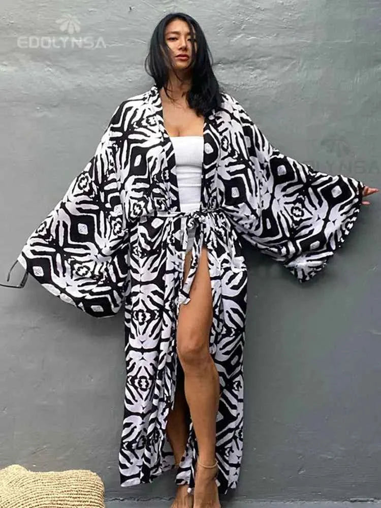 Boho Print Kimono Cover-Up – Belted Beach Dress - Muselune