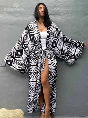 Boho Print Kimono Cover-Up – Belted Beach Dress - Muselune