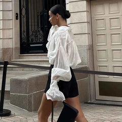 French Sexy Sheer with Puff Sleeves Style Shirt