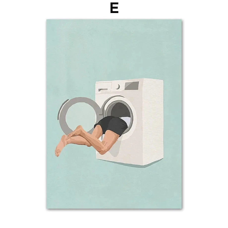 Laundry Girl Canvas – Nordic Washing Machine & Bathtub Wall Art - Muselune