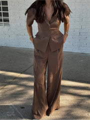 Solid Color Minimalism V-Neck Suit Coat Top & Straight Leg Pants Suits - Muselune