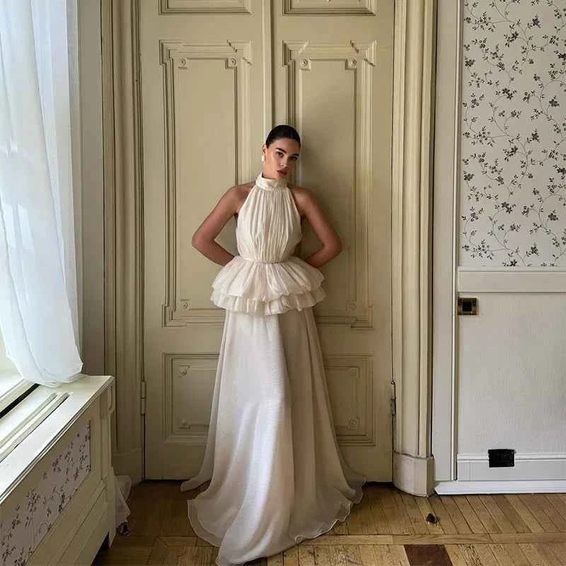 White O-neck Elegant Pleated Top Long Skirt Sets Muselune