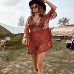 Sexy Mesh Bikini Cover-Up – Deep V-Neck Lace Beach Dress - Muselune
