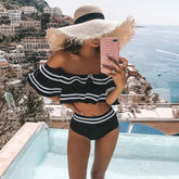 Black Striped Bikini Set – Sexy Off-Shoulder - Muselune