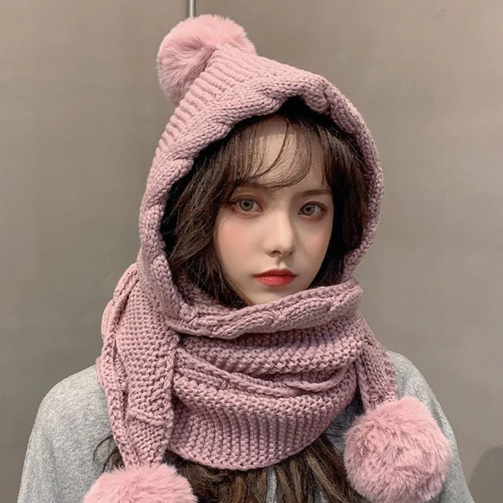 Cute Hooded Hat Ear Protection Thickened Knitted Hat /Scarf Muselune
