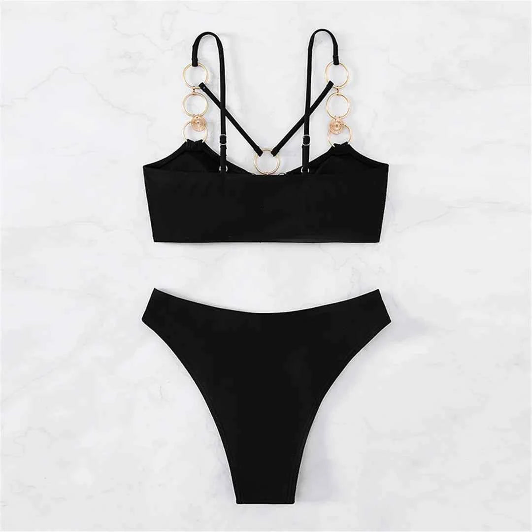 Sexy Metal Ring Bikini Set – Mid Waist Two-Piece Swimwear - Muselune