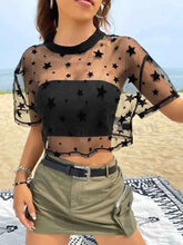 Star Print Mesh Crop Top – Drop Shoulder, Summer Style - Muselune