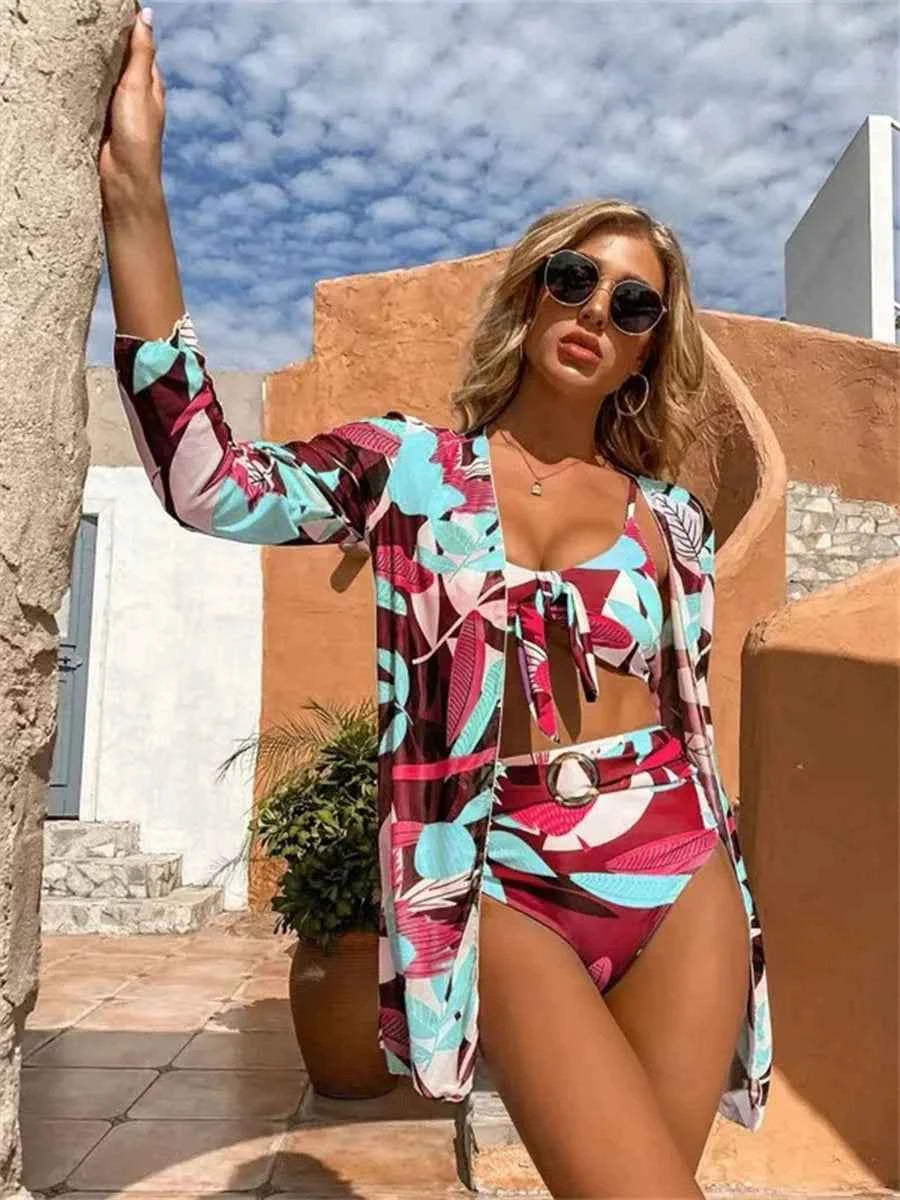 Floral Triangle Bikini Set – High Waist 3-Piece with Push-Up - Muselune