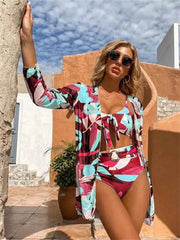 Floral Triangle Bikini Set – High Waist 3-Piece with Push-Up - Muselune