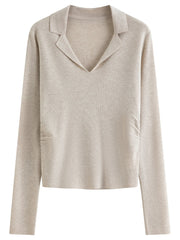 Wool Knit T-Shirt V-Neck Elegant Office Casual Minimalist Top - Muselune