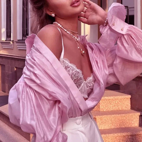 French Sexy Sheer with Puff Sleeves Style Shirt