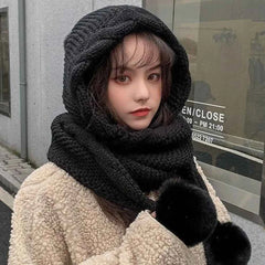 Cute Hooded Hat Ear Protection Thickened Knitted Hat /Scarf Muselune