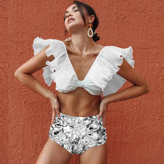 Ruffled Bikini Set – High Waist V-Neck Flounce Swimwear - Muselune