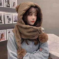 Cute Hooded Hat Ear Protection Thickened Knitted Hat /Scarf