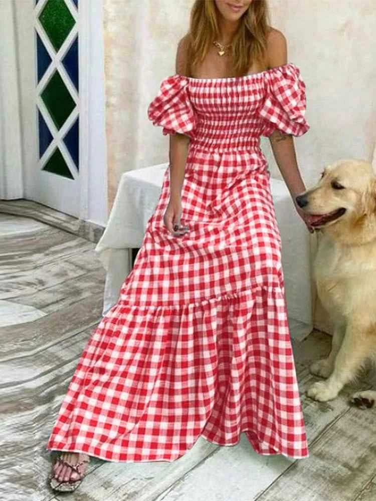 Vintage Plaid Sundress – Short Sleeve Boho Maxi - Muselune