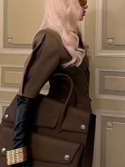 Solid Color Minimalism V-Neck Suit Coat Top & Straight Leg Pants Suits - Muselune