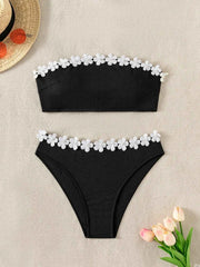 White Flower Bandeau Push Up Bikini Swimwear - Muselune