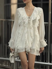 French Deep V Chiffon Mini Dress Skirt - Muselune