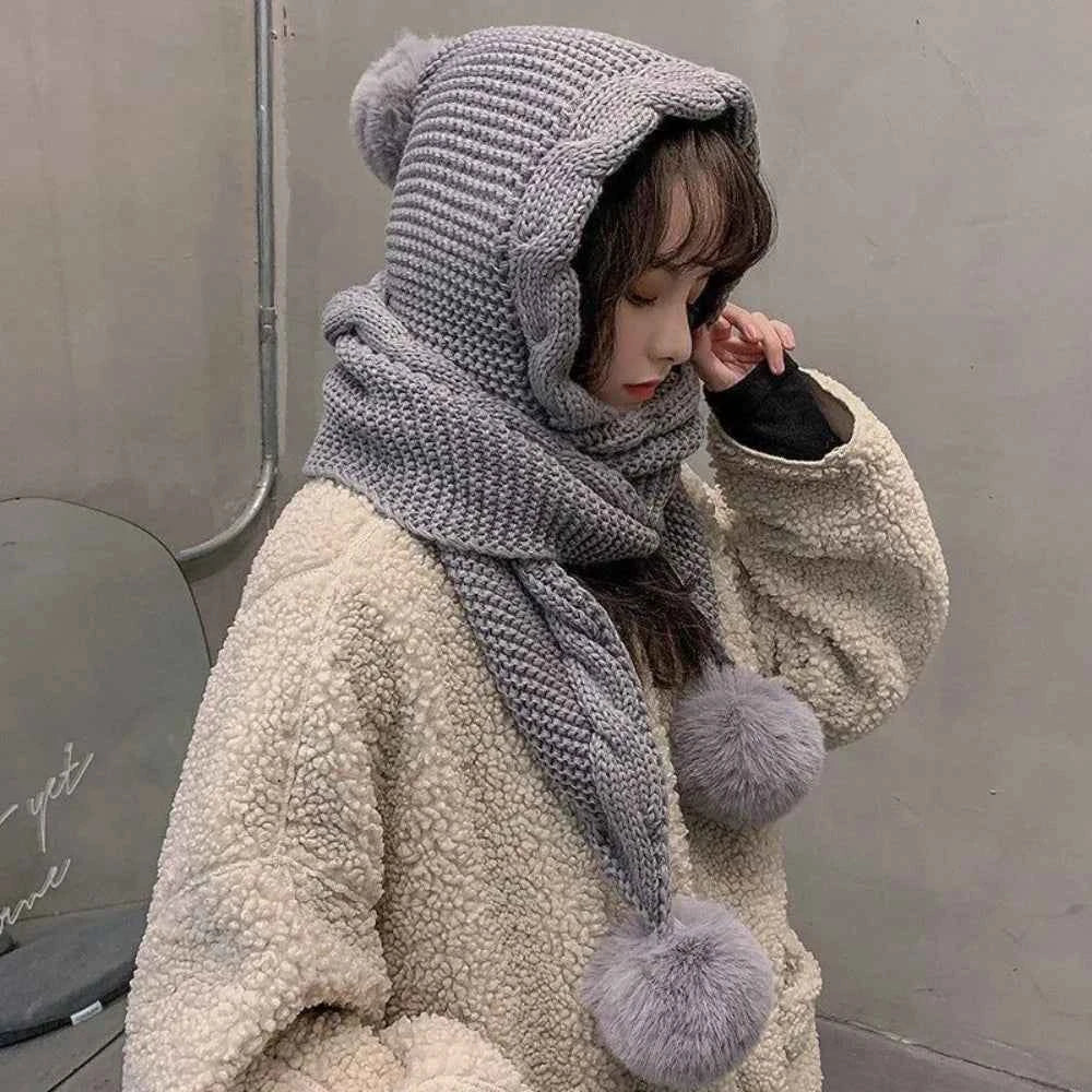 Cute Hooded Hat Ear Protection Thickened Knitted Hat /Scarf