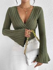 Knit Long-sleeved Tops, V-neck Sexy Slim Striped Women's Tops - Muselune