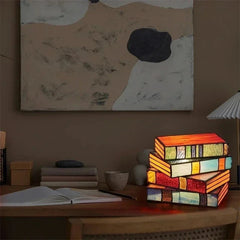 Stained Glass Stacked Books Lamp – Handcrafted Night Lighting / Decor - Muselune