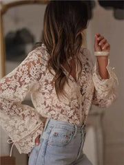 Lace Blouse – Sheer Hollow Long Sleeve Top & Coats - Muselune