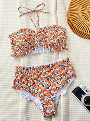 Ruffled Bandeau Red Floral Bikini - Muselune