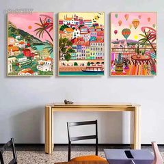 Colorful Mountain City Canvas – Abstract Travel-Inspired Wall Art - Muselune
