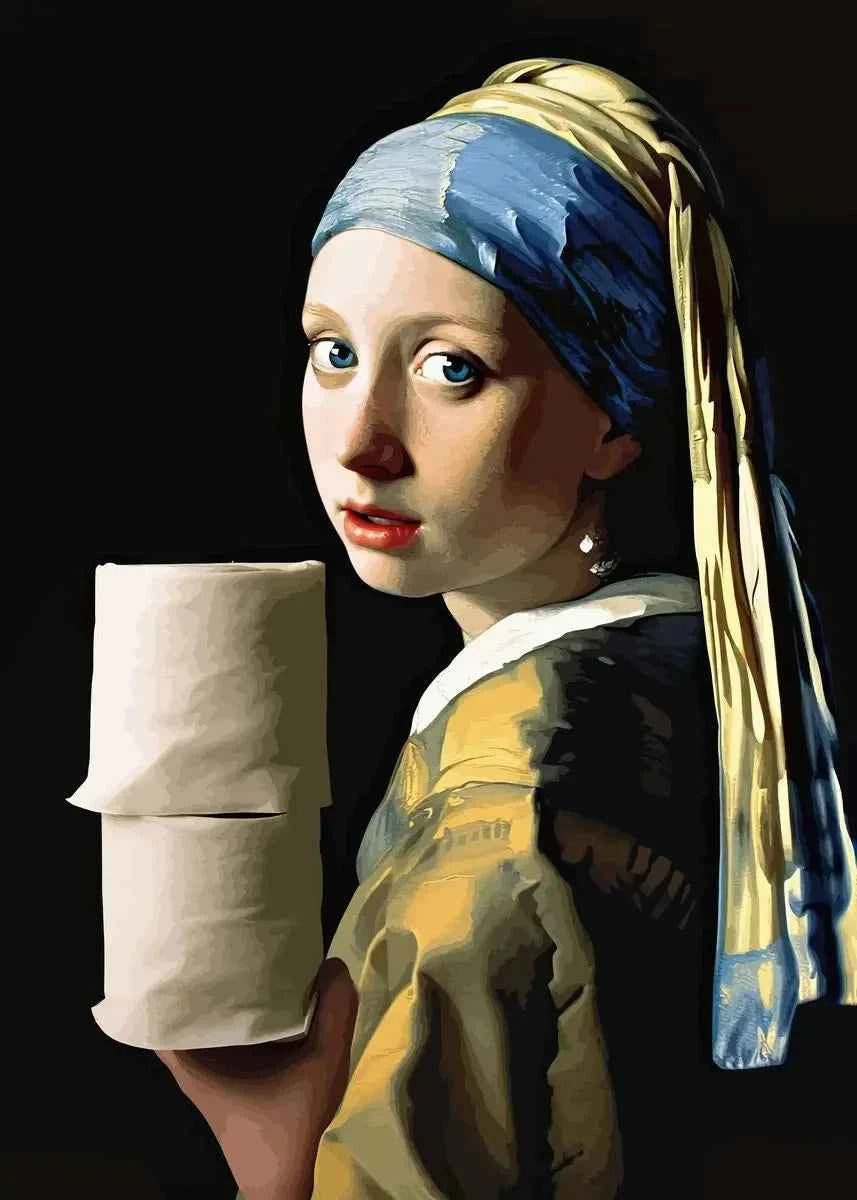 Funny Mona Lisa Bathroom Canvas – Quirky Wall Art with Pearls & Paper Roll - Muselune