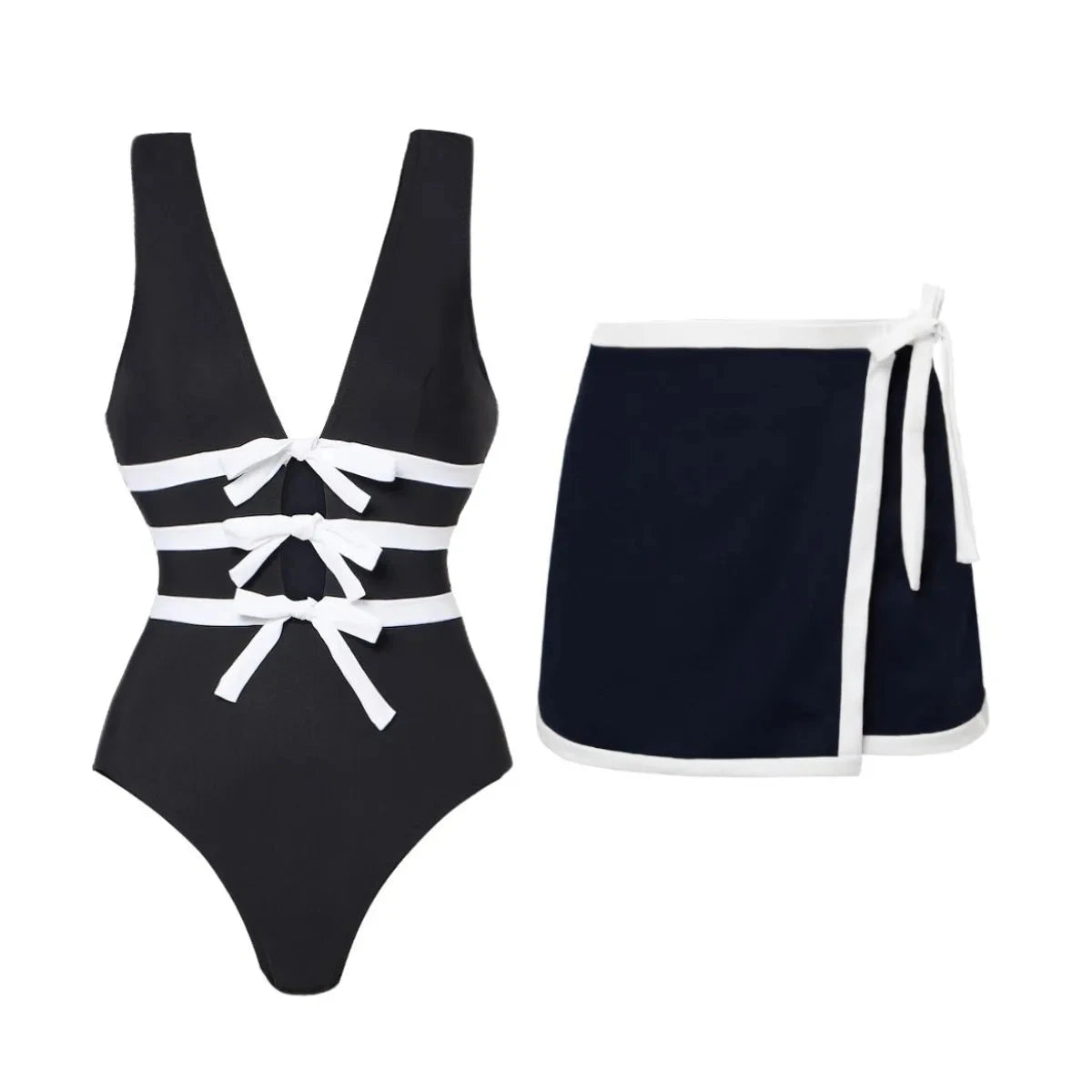 One-Piece Swimsuit – V-Neck Bow Design, Hollow Out Style - Muselune