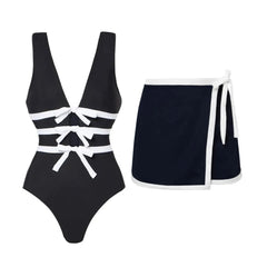 One-Piece Swimsuit – V-Neck Bow Design, Hollow Out Style - Muselune