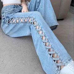 Hollow-Out Mom Jeans – High Waist & Wide-Leg pants - Muselune