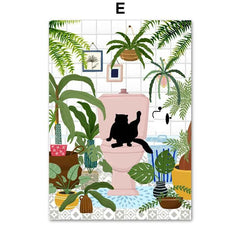 Black Cat & Green Plants Canvas – Abstract Boho Aesthetic Wall Art - Muselune