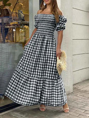 Vintage Plaid Sundress – Short Sleeve Boho Maxi - Muselune